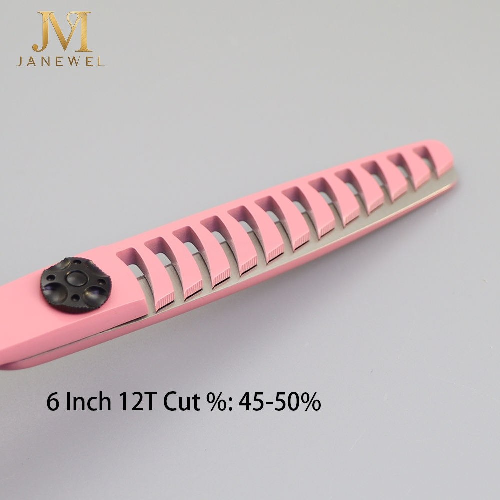 Pink thinning shears 6 inch Japanese 440C steel, 12 teeth, 45-50 percent thinning rate for efficient texturizing and blending. - thumbnail 3