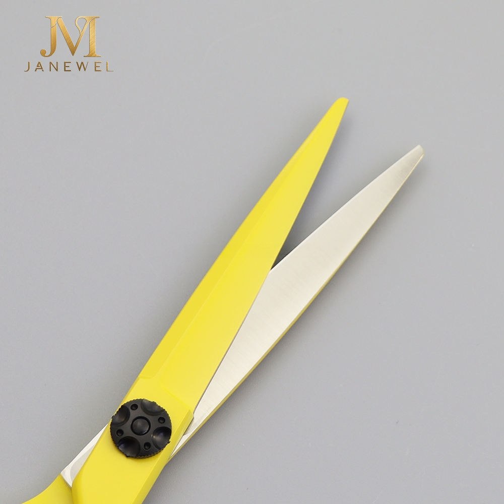 Yellow hair cutting shears 6 inch Japanese 440C steel 60-61 HRC with lemon yellow coating for barbers and salon stylists. - thumbnail 4