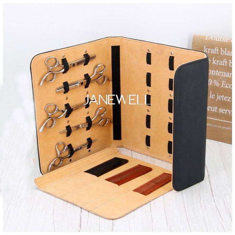 Genuine leather case holding 10 pieces of hair scissors. Professional quality shears organizer for barbers, hairdressers and salon stylists. - thumbnail 4