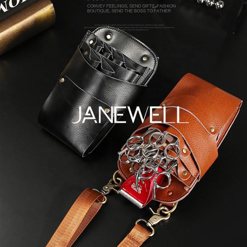 Genuine leather holster holding 6 pieces of hair scissors, with waist belt. Professional quality shears organizer for barbers, hairdressers and salon stylists. - thumbnail 2