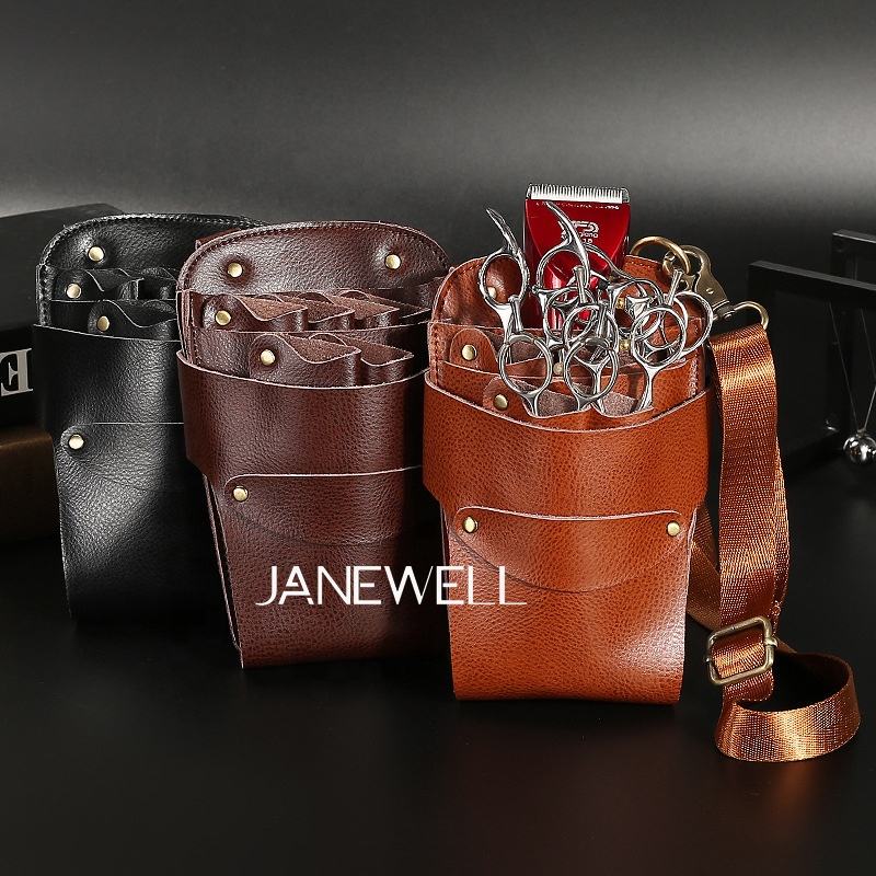 Genuine leather holster holding 6 pieces of hair scissors, with waist belt. Professional quality shears organizer for barbers, hairdressers and salon stylists. - thumbnail 3