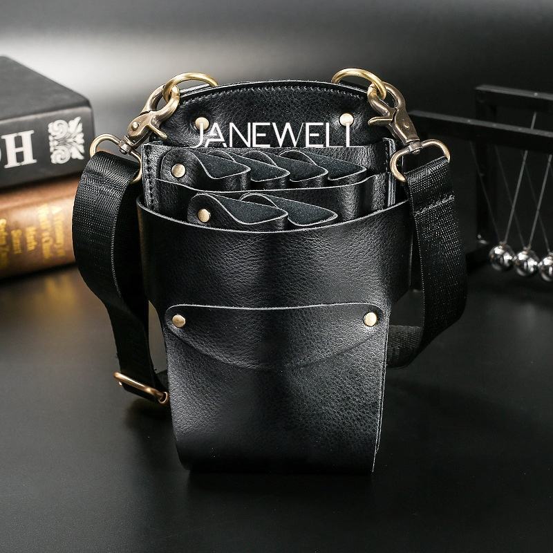Genuine leather holster holding 6 pieces of hair scissors, with waist belt. Professional quality shears organizer for barbers, hairdressers and salon stylists. - thumbnail 4