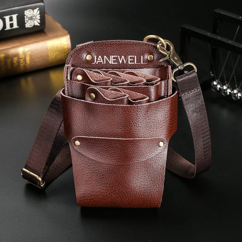 Genuine leather holster holding 6 pieces of hair scissors, with waist belt. Professional quality shears organizer for barbers, hairdressers and salon stylists. - thumbnail 5