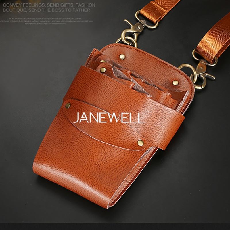 Genuine leather holster holding 6 pieces of hair scissors, with waist belt. Professional quality shears organizer for barbers, hairdressers and salon stylists. - thumbnail 6