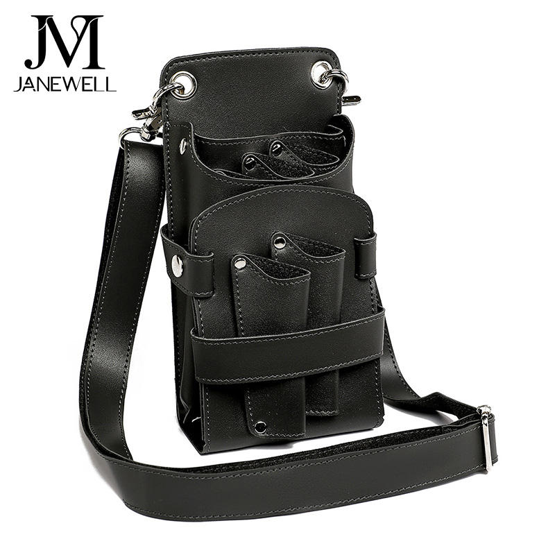 Leather pouch holding 5 pieces of hair cutting scissors, with waist belt. Professional quality shears organizer for barbers, hairdressers and salon stylists. - thumbnail 2