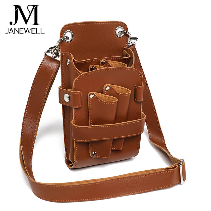 Leather pouch holding 5 pieces of hair cutting scissors, with waist belt. Professional quality shears organizer for barbers, hairdressers and salon stylists. - thumbnail 3