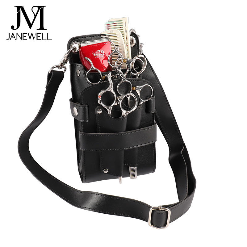 Leather pouch holding 5 pieces of hair cutting scissors, with waist belt. Professional quality shears organizer for barbers, hairdressers and salon stylists. - thumbnail 4