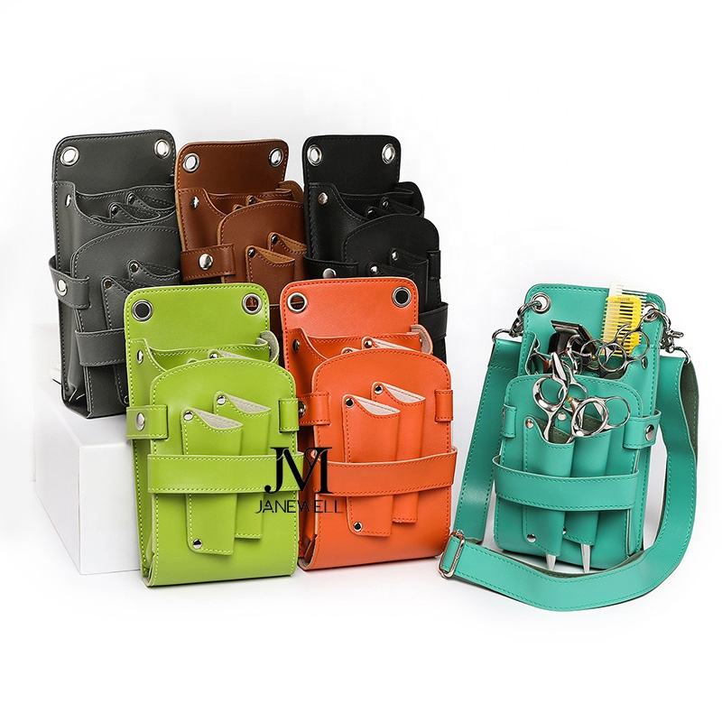 Leather pouch holding 5 pieces of hair cutting scissors, with waist belt. Professional quality shears organizer for barbers, hairdressers and salon stylists. - thumbnail 6