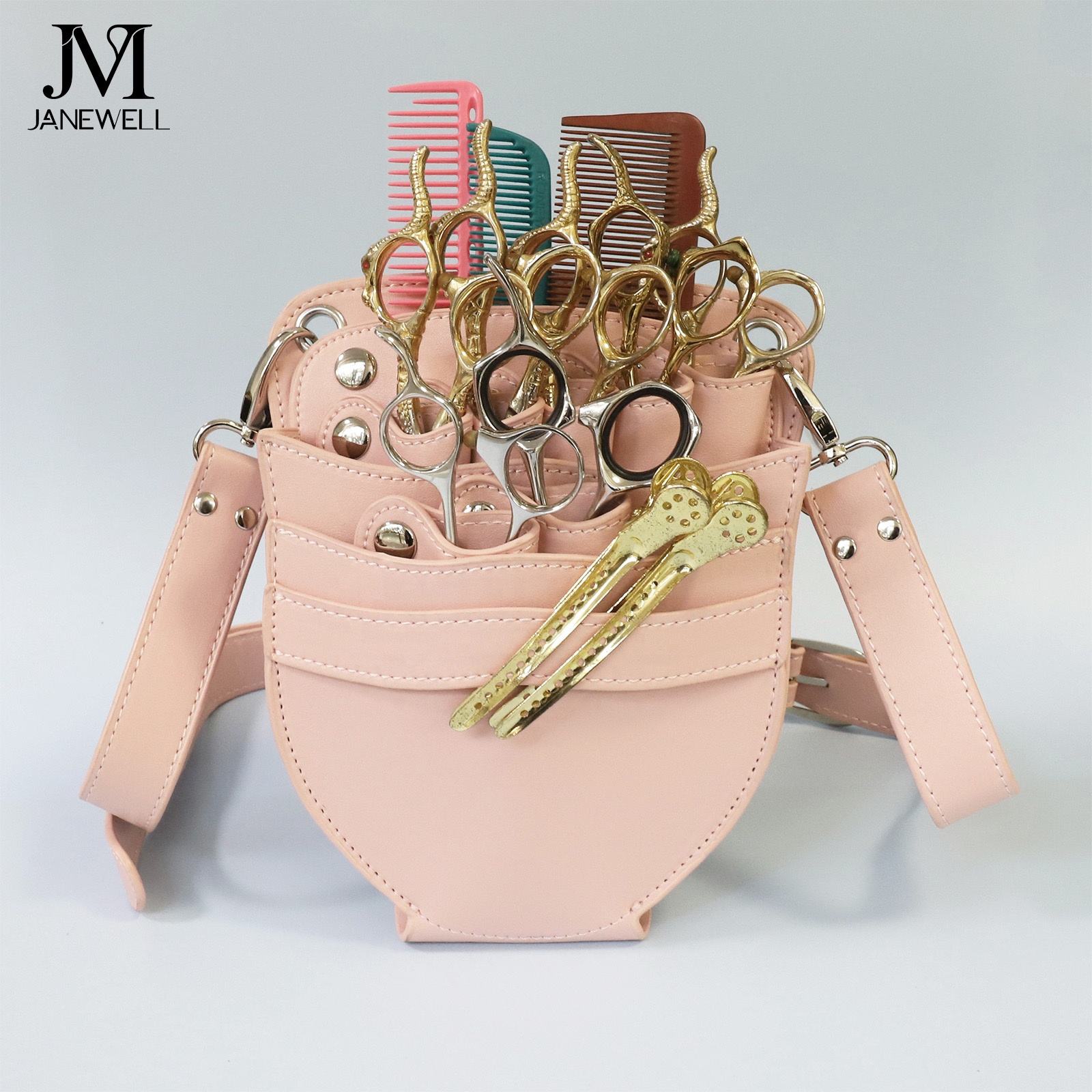 PU leather pouch holding 7 pieces of hair scissors, with waist belt. Professional quality shears organizer for barbers, hairdressers and salon stylists. - thumbnail 2