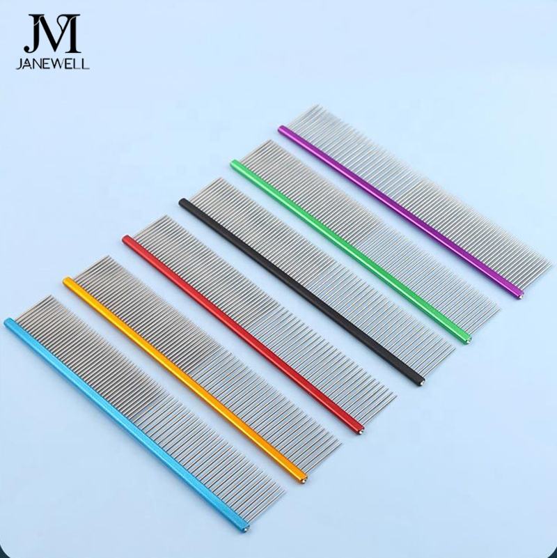 Professional black stainless steel metal dog comb for pet hair grooming, 19cm flat handle dog metle comb for daily coat care and deshedding.
