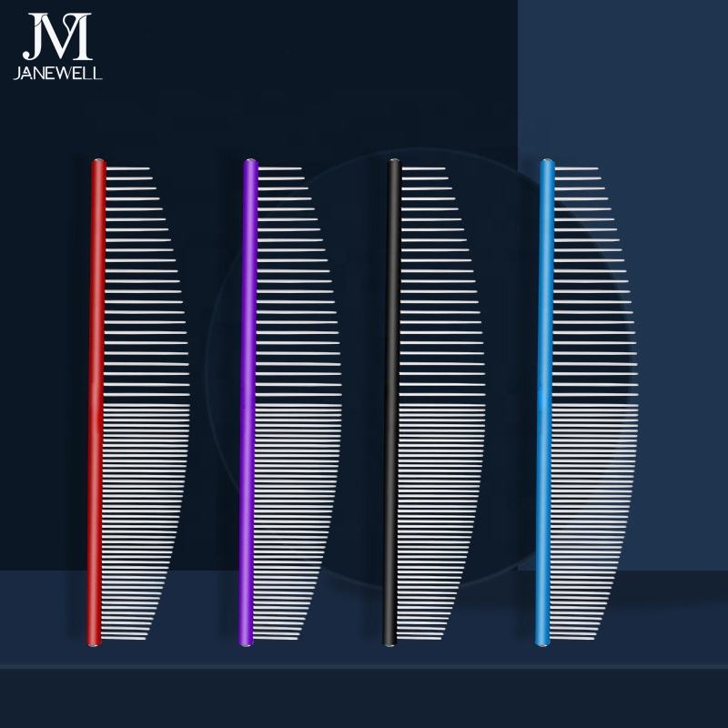 Professional black moon shape stainless steel dog comb with circle handle, 19cm ergonomic dog metle comb for detangling and coat care.