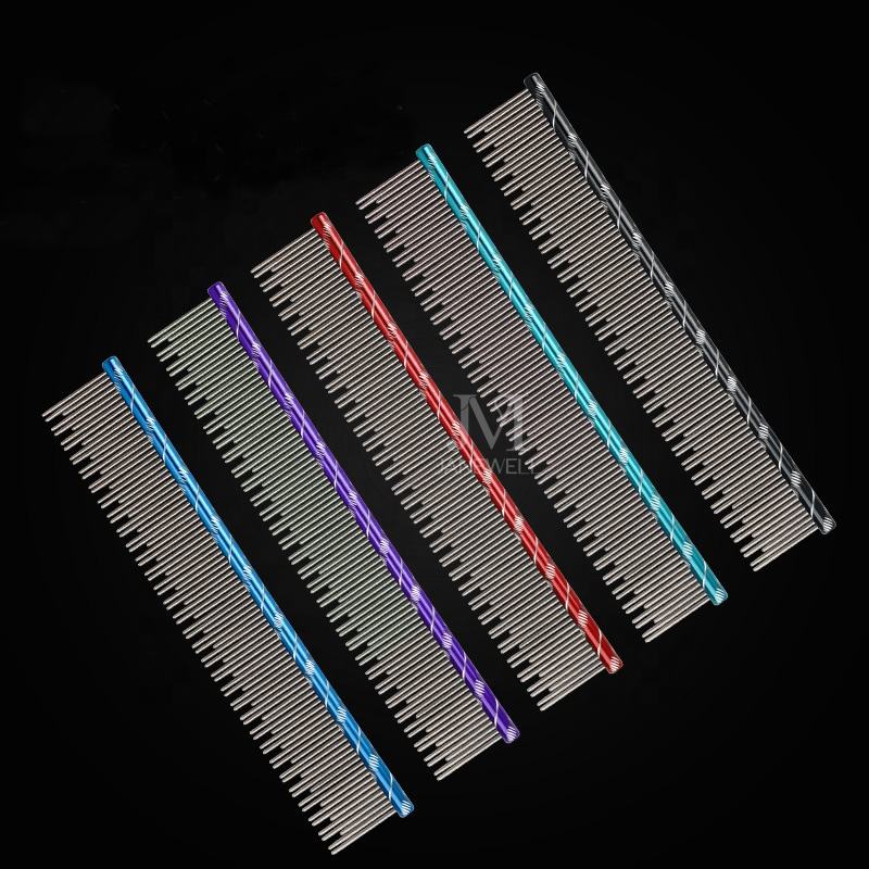 Professional colorful circle handle pet comb for dog and cat hair grooming, 19cm stainless steel dog metle comb with comfortable grip for daily use.