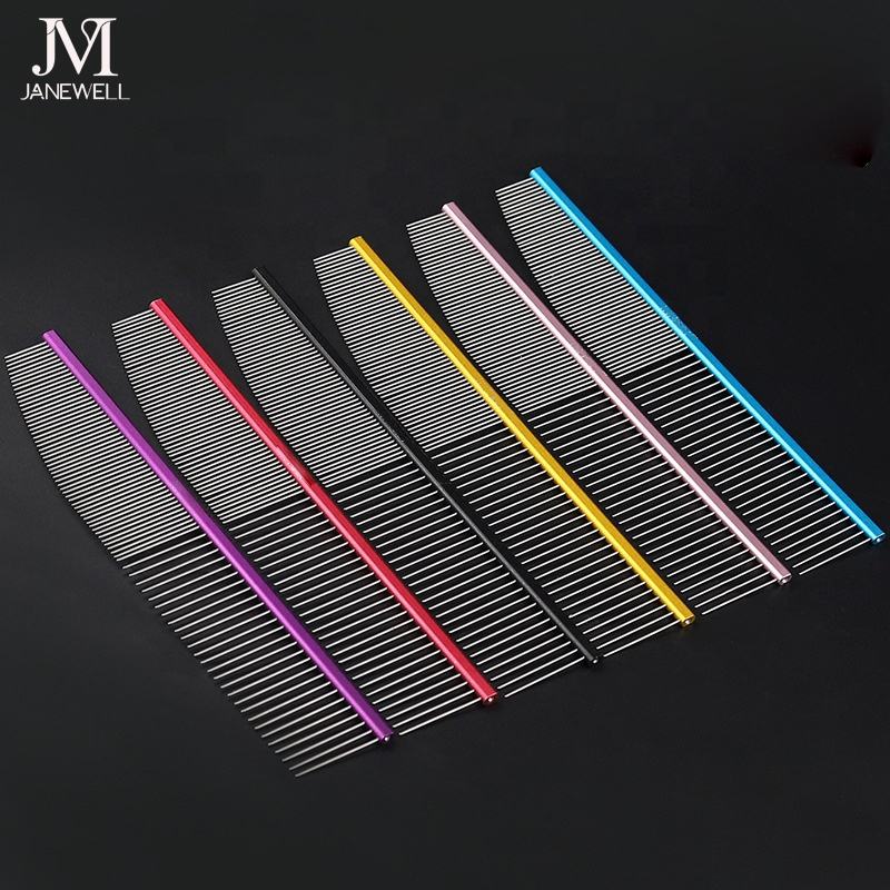 Professional moon shape stainless steel pet comb for dog and cat grooming, 19cm ergonomic dog metle comb for efficient hair detangling and deshedding.