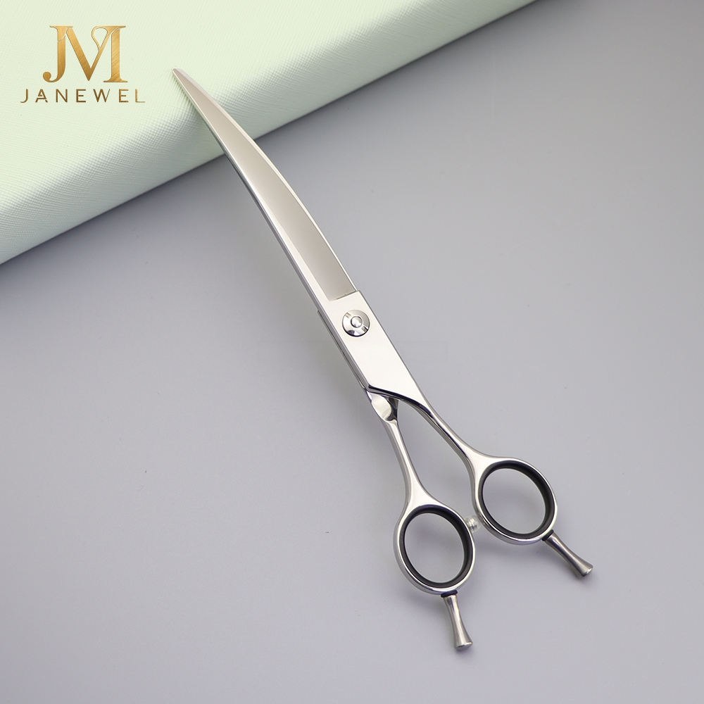 Curved grooming scissors 7.5 inch Japanese 440C steel, silver finish, for medium and large dogs.