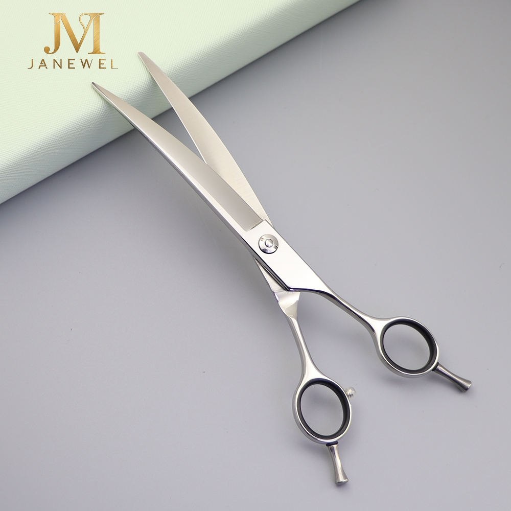 Curved grooming scissors 7.5 inch Japanese 440C steel, silver finish, for medium and large dogs. - thumbnail 3