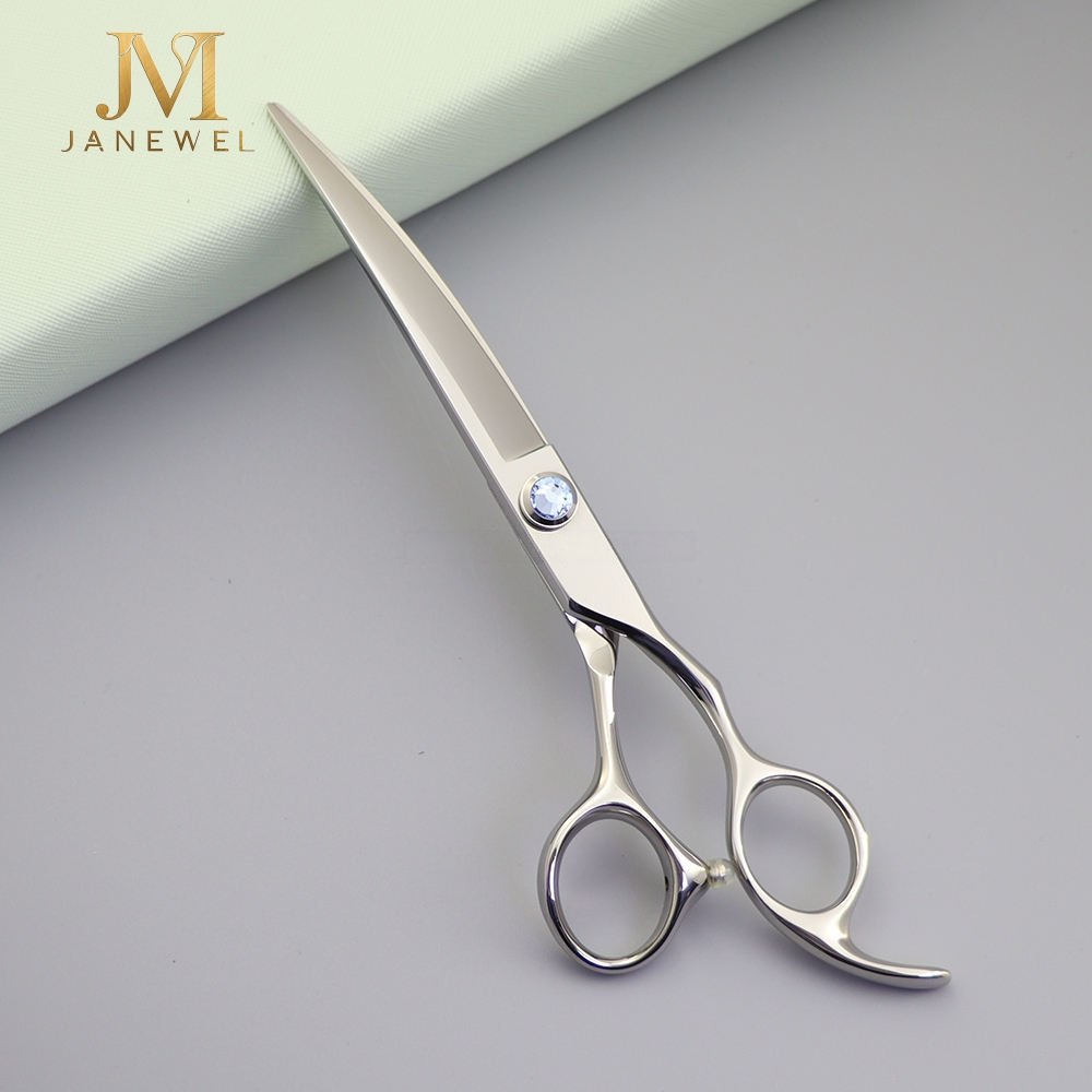 Curved grooming scissors 7 inch Japanese 440C steel, silver finish, for large dogs and detailed grooming.