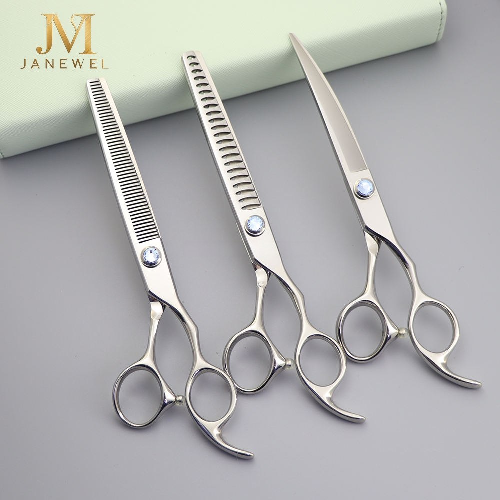 Dog grooming shears set 7 inch 440C steel, three-piece straight, nail and fishbone shears for pet grooming.