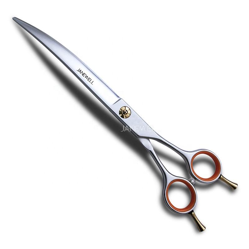 Professional 440C curved grooming scissors with blunt tip for safe dog trimming, 7.5 inch lightweight grooming sheers for pet salon use.