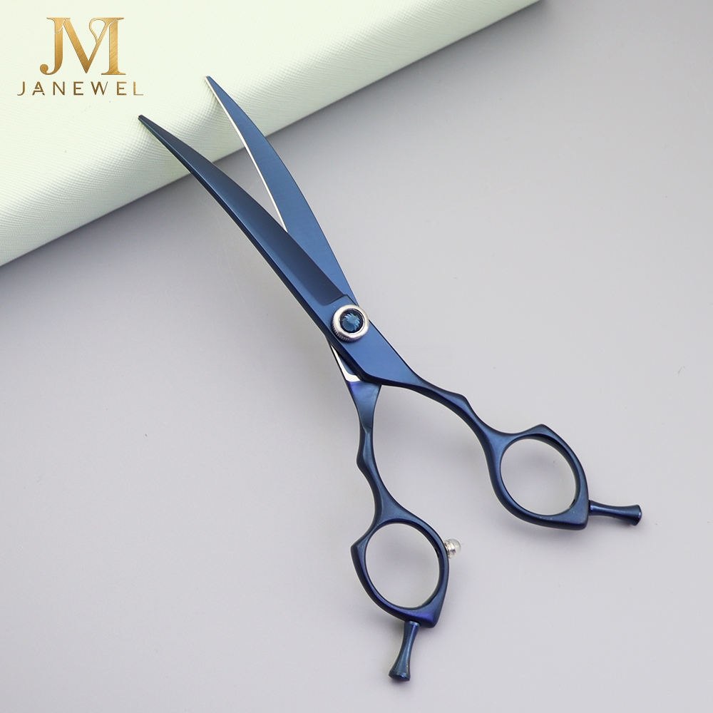 Curved grooming scissors 6.5 inch 440C steel with blue coated finish and ergonomic handle, for professional dog grooming. - view 1
