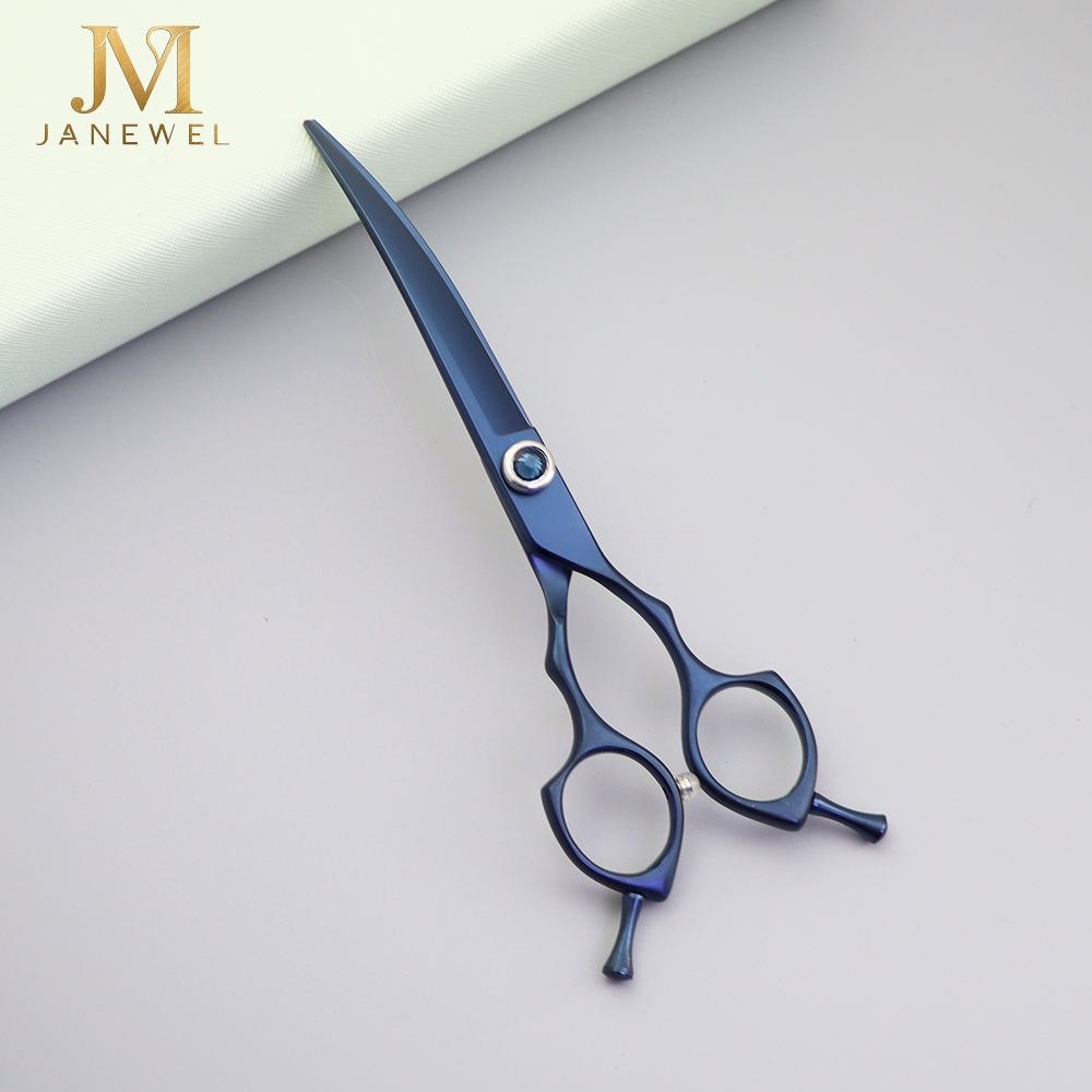 Curved grooming scissors 6.5 inch 440C steel with blue coated finish and ergonomic handle, for professional dog grooming. - thumbnail 2