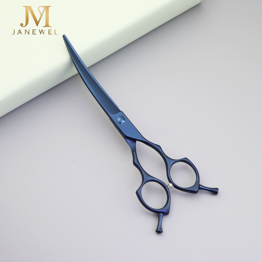 Curved grooming scissors 6.5 inch 440C steel with blue coated finish and ergonomic handle, for professional dog grooming. - thumbnail 3