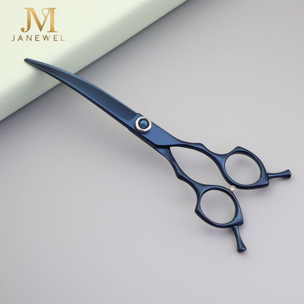 Curved grooming scissors 6.5 inch 440C steel with blue coated finish and ergonomic handle, for professional dog grooming. - thumbnail 5