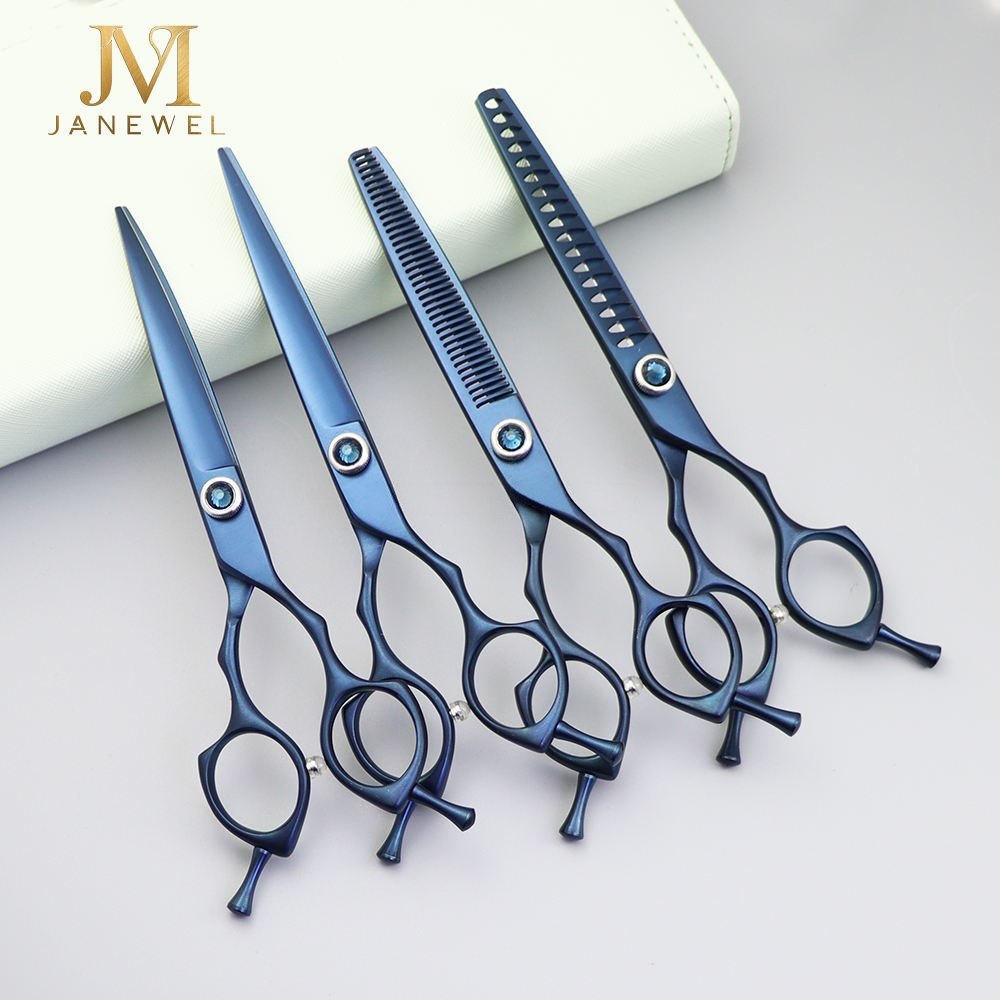 Dog grooming shears set 6.5 inch 440C steel, four blue coated shears — straight, curved, thinning and fishbone — for pet grooming. - view 1