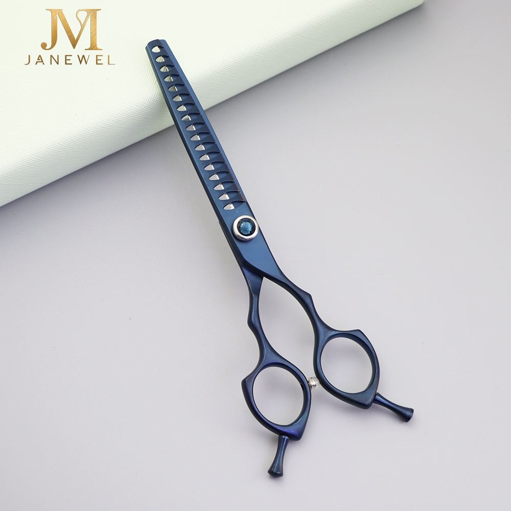 Dog grooming shears set 6.5 inch 440C steel, four blue coated shears — straight, curved, thinning and fishbone — for pet grooming. - thumbnail 5