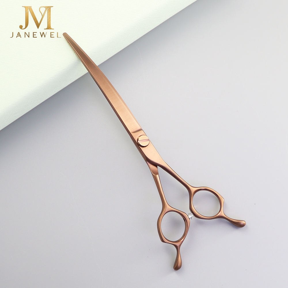 Bronze curved grooming scissors 7 inch VG10 steel, CNC machined slim design, for professional dog grooming.
