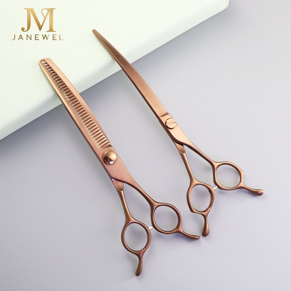 Bronze curved grooming scissors 7 inch VG10 steel, CNC machined slim design, for professional dog grooming. - thumbnail 5
