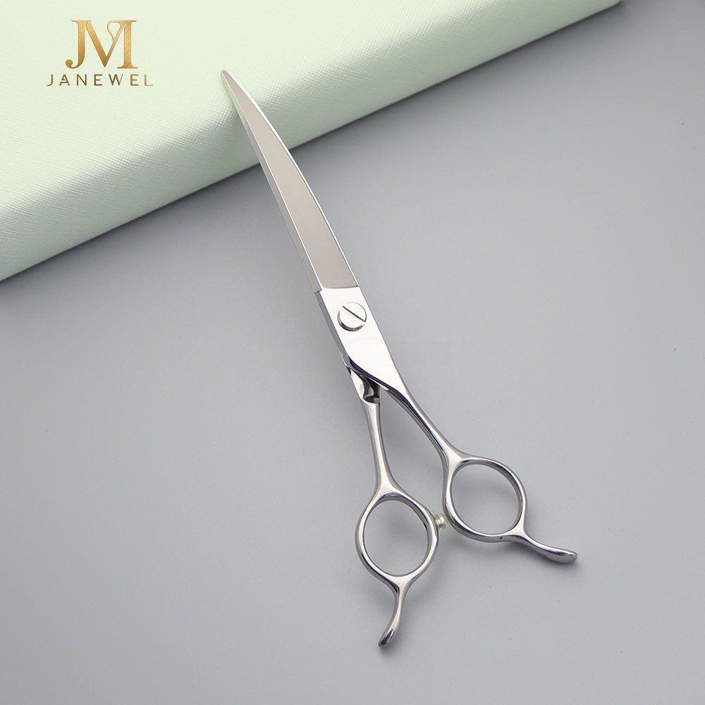Curved grooming scissors 7 inch VG10 steel, CNC-crafted bending shear with double tail hook handle, for dog grooming.