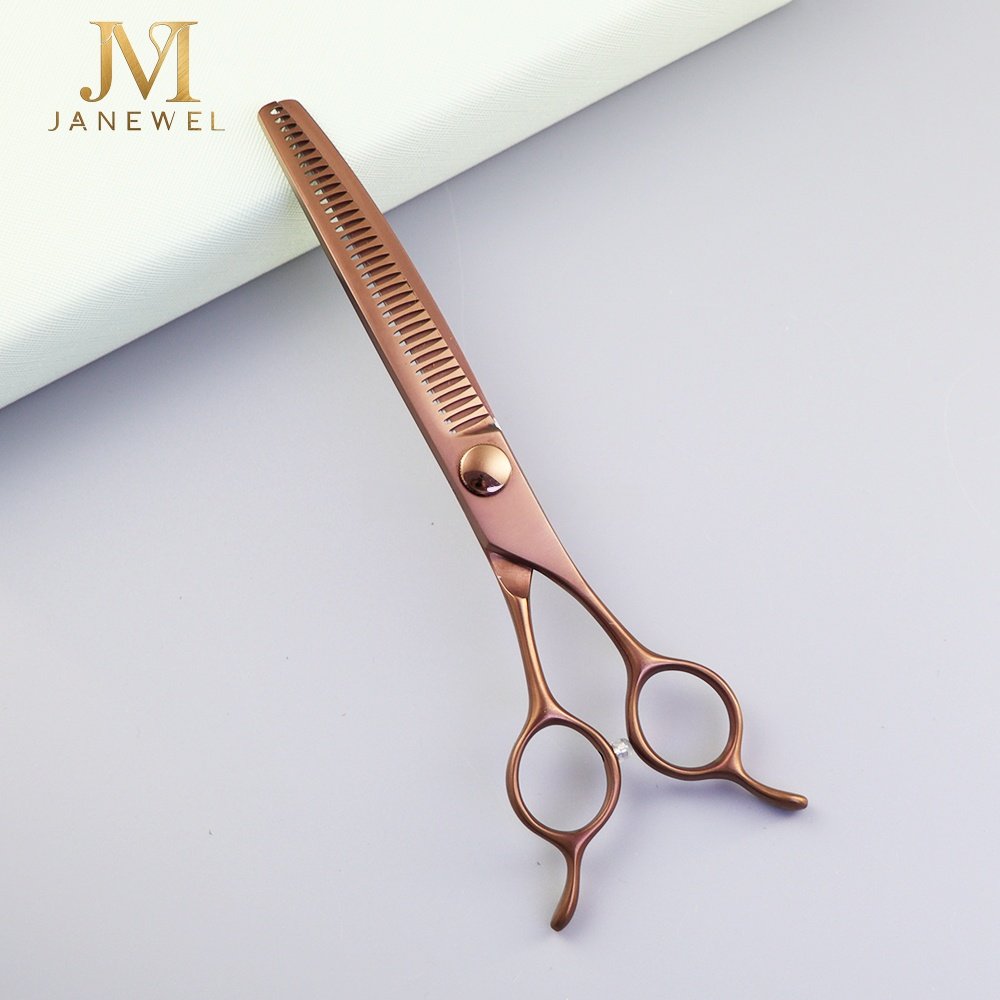 Curved grooming scissors 7 inch VG10 steel, fishbone pattern blade, brown coated handle, for dog grooming. - view 1
