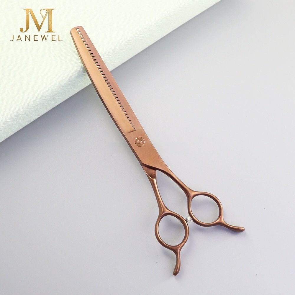 Curved grooming scissors 7 inch VG10 steel, fishbone pattern blade, brown coated handle, for dog grooming. - thumbnail 2