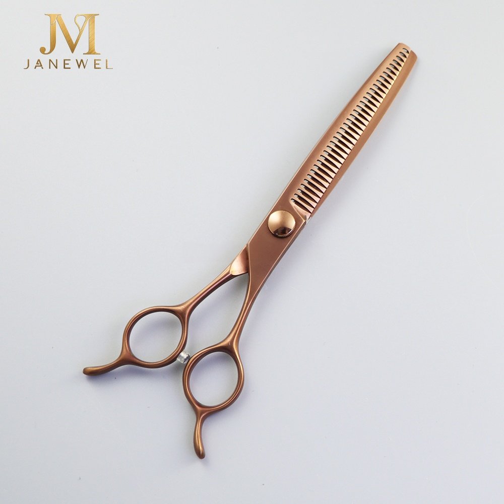 Curved grooming scissors 7 inch VG10 steel, fishbone pattern blade, brown coated handle, for dog grooming. - thumbnail 3