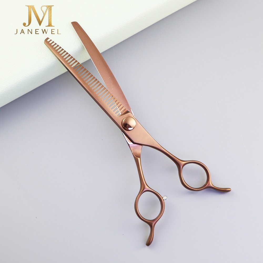 Curved grooming scissors 7 inch VG10 steel, fishbone pattern blade, brown coated handle, for dog grooming. - thumbnail 4