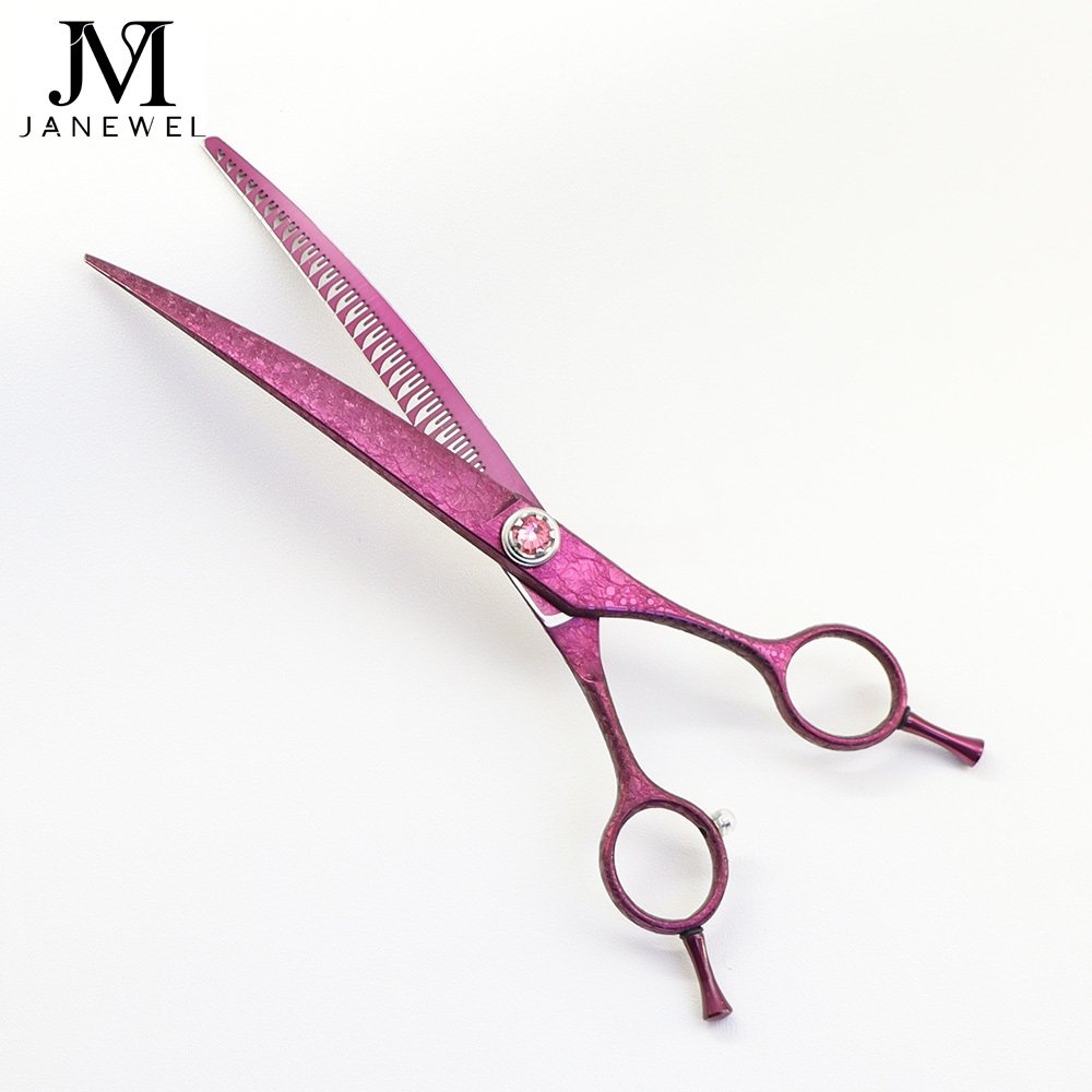 Purple dog grooming shears 7 inch VG10 steel curved chunker, ice-rose finish, custom logo printed, for pet salons.