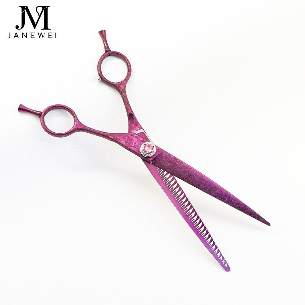 Purple dog grooming shears 7 inch VG10 steel curved chunker, ice-rose finish, custom logo printed, for pet salons. - thumbnail 2