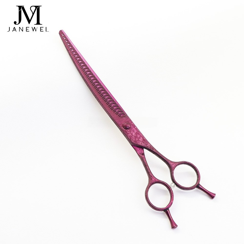 Purple dog grooming shears 7 inch VG10 steel curved chunker, ice-rose finish, custom logo printed, for pet salons. - thumbnail 3