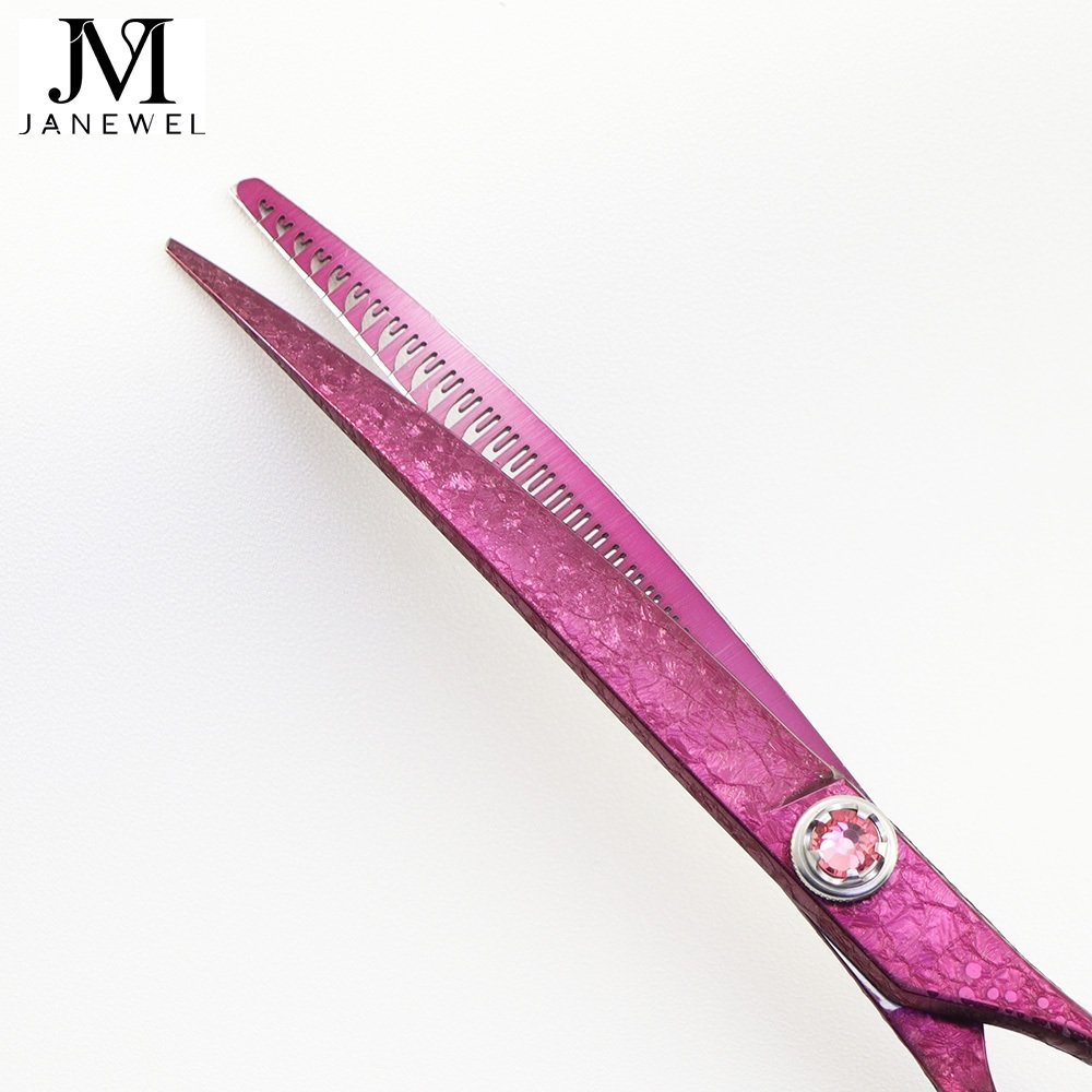 Purple dog grooming shears 7 inch VG10 steel curved chunker, ice-rose finish, custom logo printed, for pet salons. - thumbnail 4