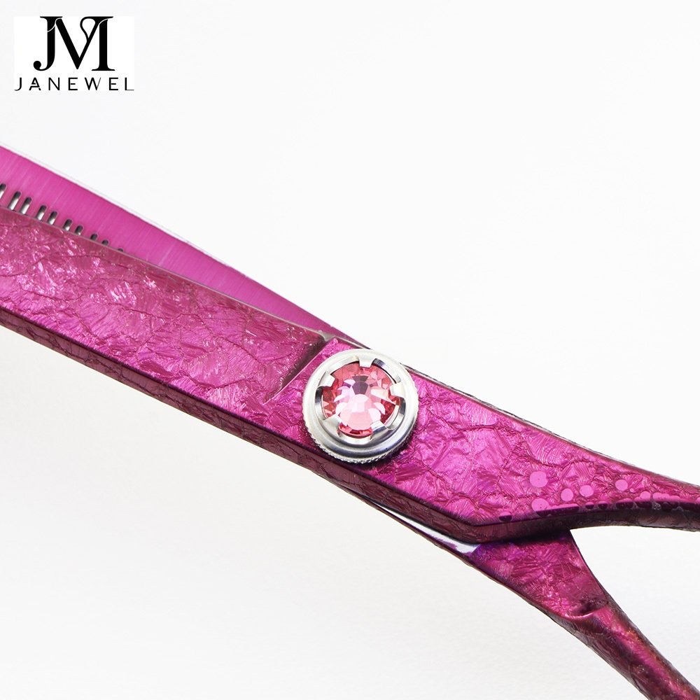 Purple dog grooming shears 7 inch VG10 steel curved chunker, ice-rose finish, custom logo printed, for pet salons. - thumbnail 5