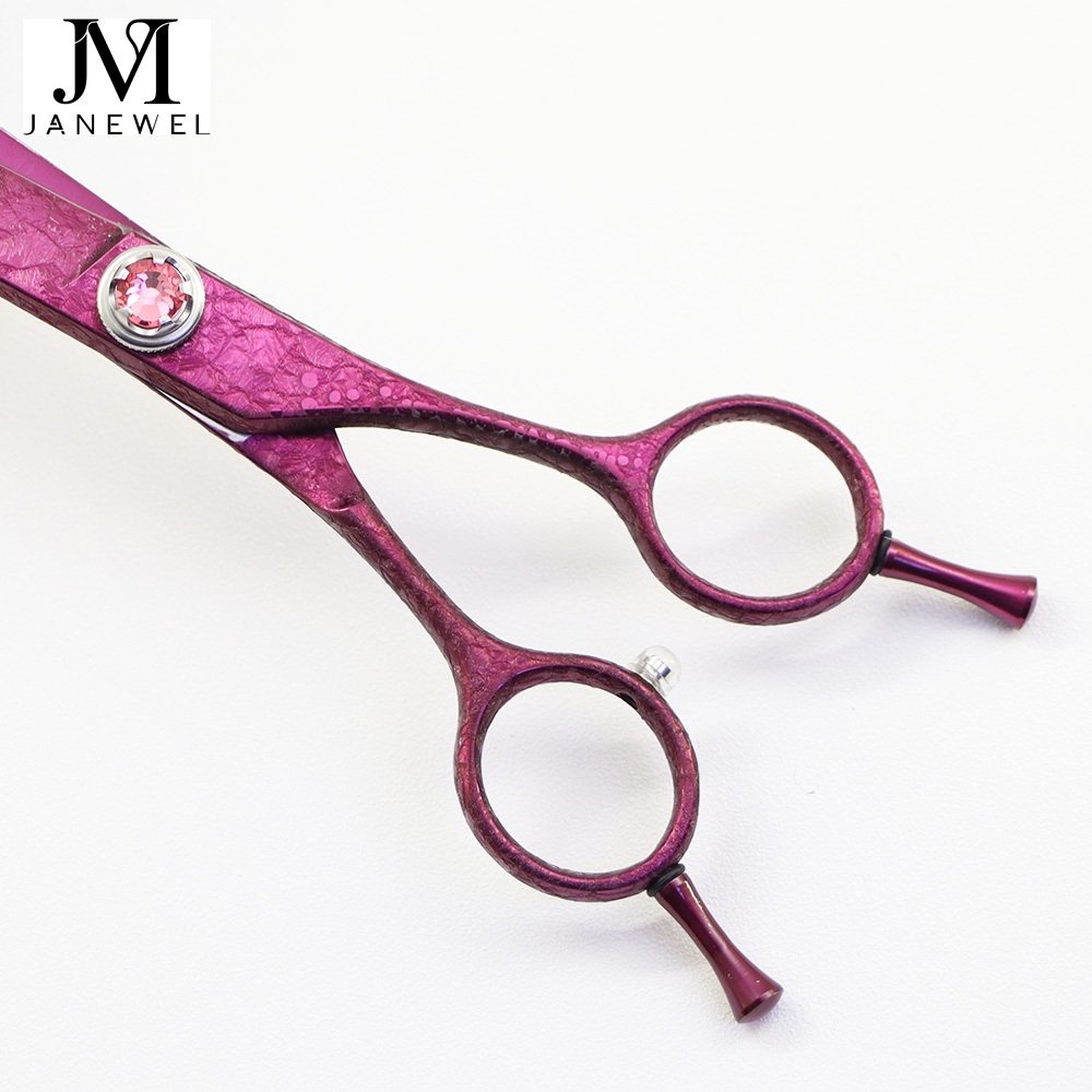 Purple dog grooming shears 7 inch VG10 steel curved chunker, ice-rose finish, custom logo printed, for pet salons. - thumbnail 6