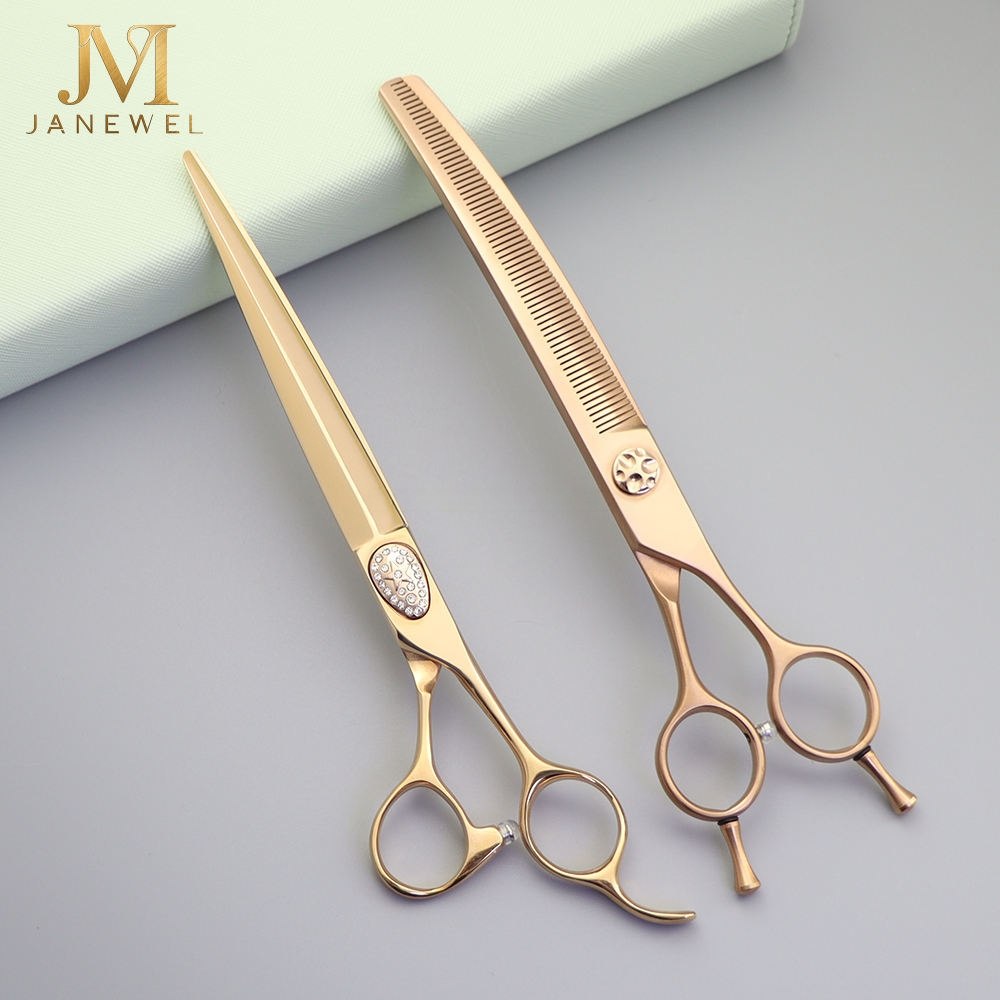 Rose gold dog grooming shears set 7.5 inch VG10 steel, straight and curved shears for trimming and contouring.
