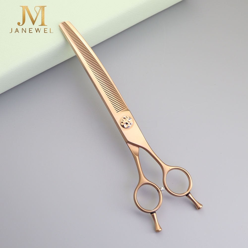 Rose gold dog grooming shears set 7.5 inch VG10 steel, straight and curved shears for trimming and contouring. - thumbnail 2