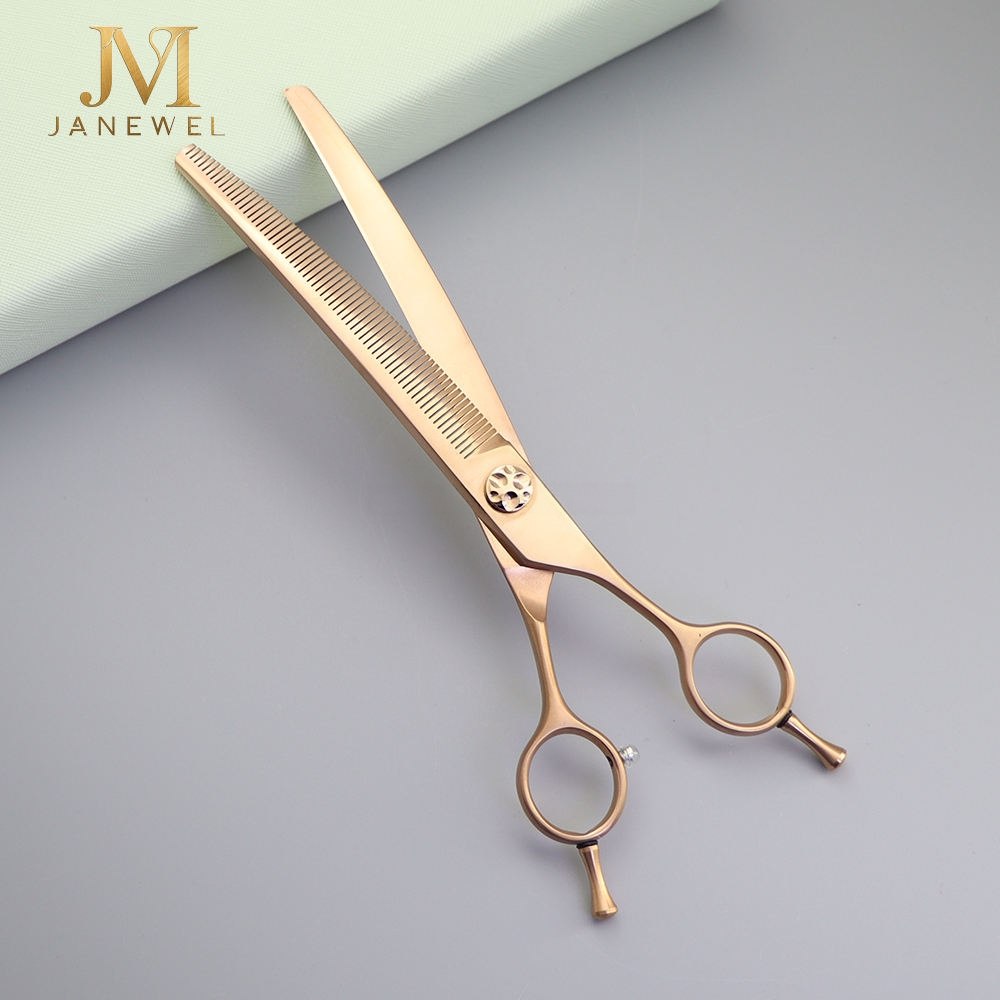 Rose gold dog grooming shears set 7.5 inch VG10 steel, straight and curved shears for trimming and contouring. - thumbnail 3
