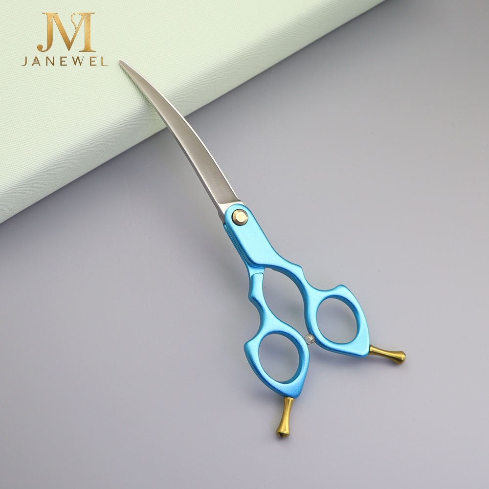 Curved grooming scissors 6.5 inch VG10 steel with blue finish and offset ergonomic handle, for dog styling. - view 1