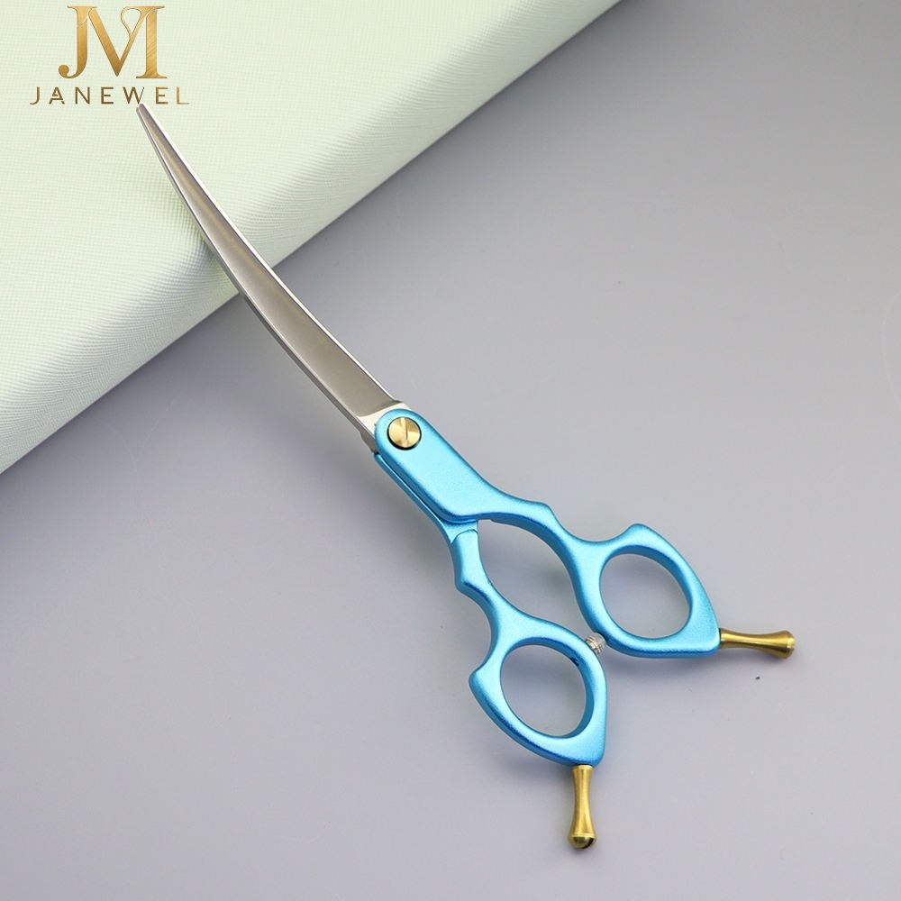Curved grooming scissors 6.5 inch VG10 steel with blue finish and offset ergonomic handle, for dog styling. - thumbnail 2