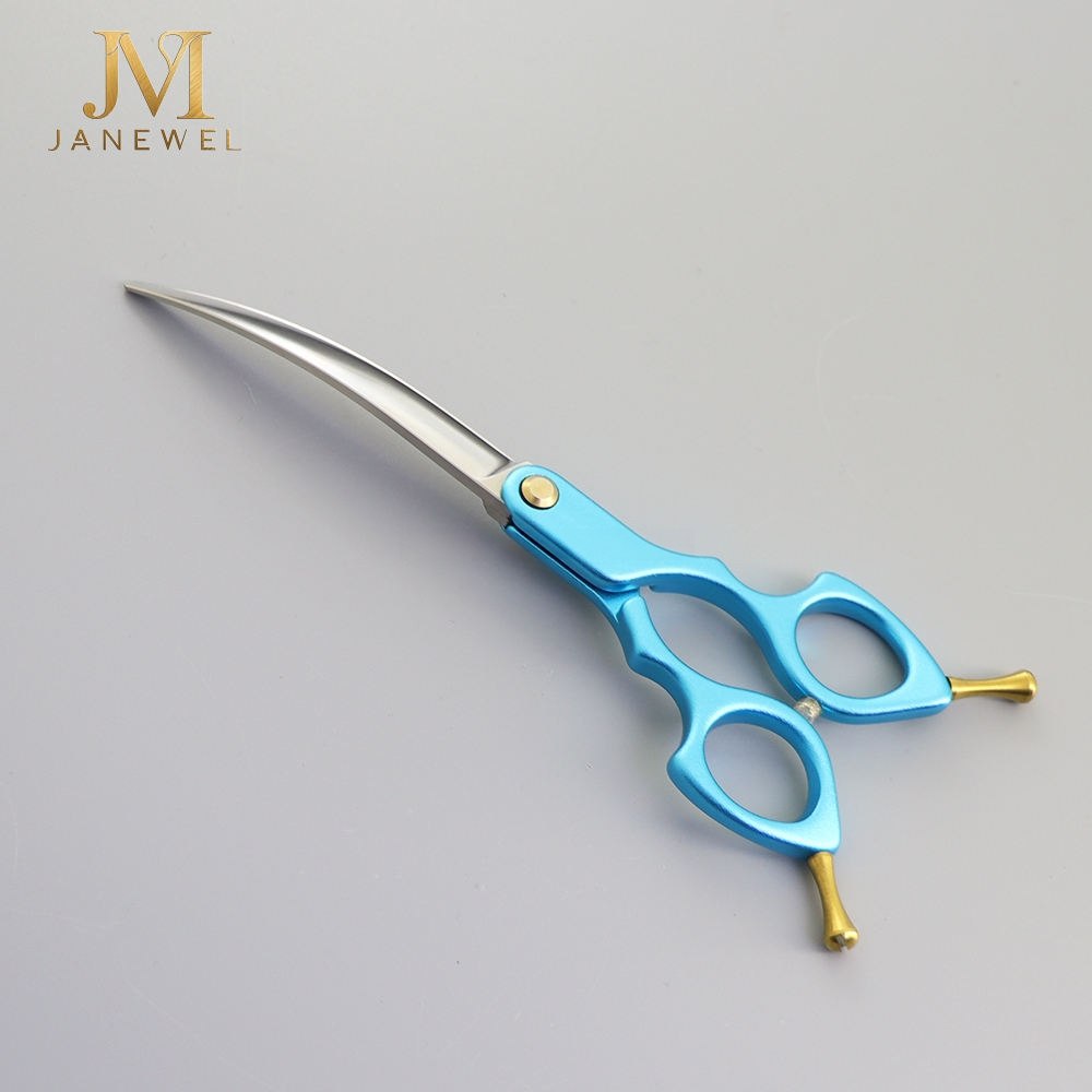 Curved grooming scissors 6.5 inch VG10 steel with blue finish and offset ergonomic handle, for dog styling. - thumbnail 3