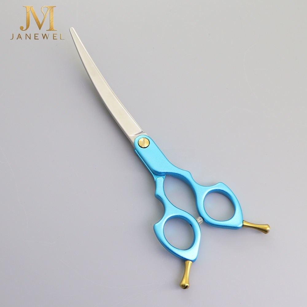 Curved grooming scissors 6.5 inch VG10 steel with blue finish and offset ergonomic handle, for dog styling. - thumbnail 4