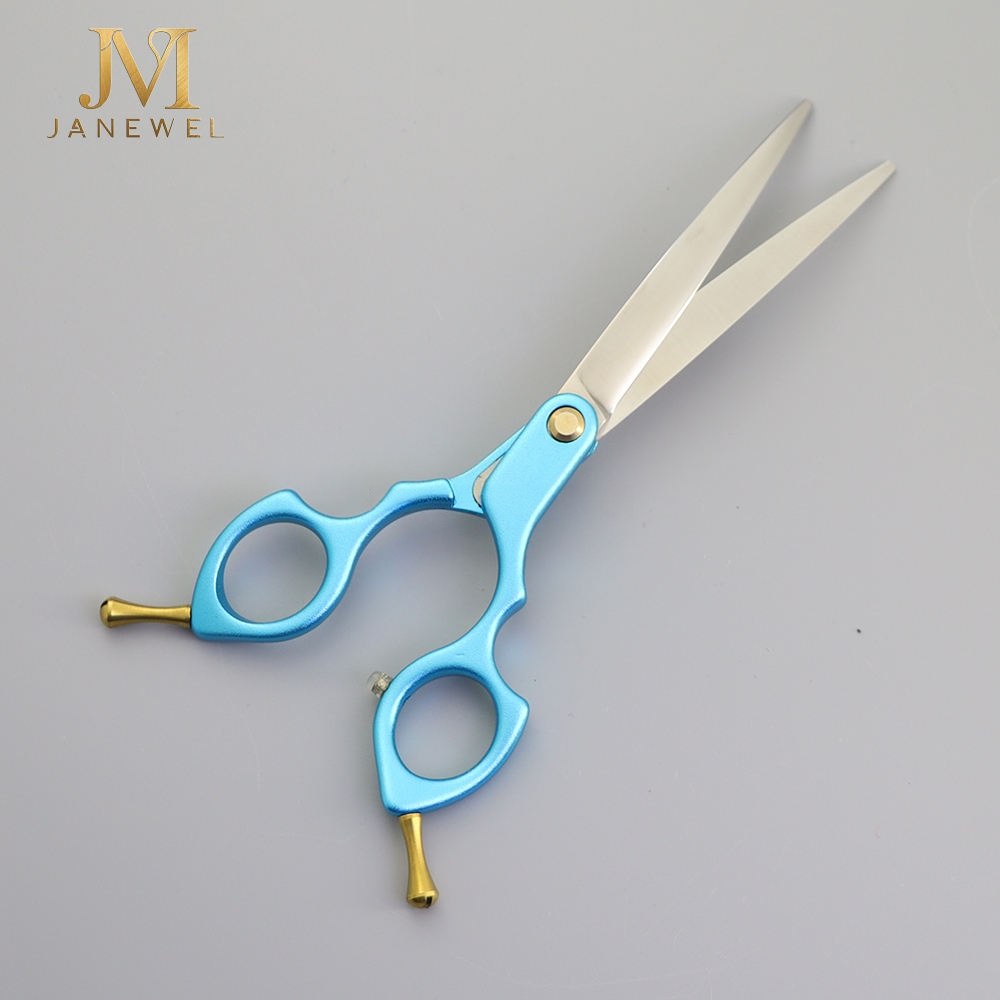 Curved grooming scissors 6.5 inch VG10 steel with blue finish and offset ergonomic handle, for dog styling. - thumbnail 5