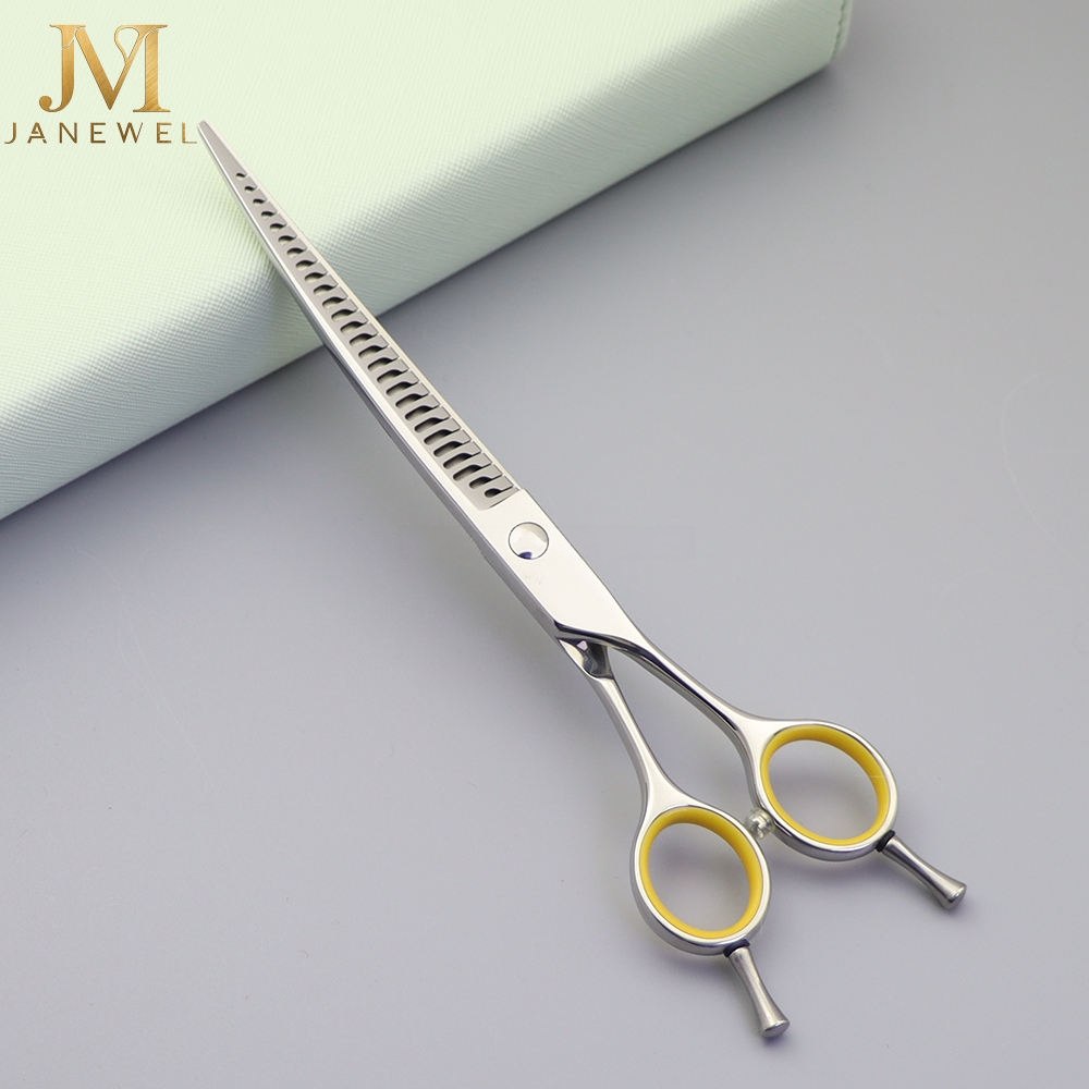 Curved chunker grooming shears 7 inch VG10 steel, silver finish, for bulk removal and coat shaping.